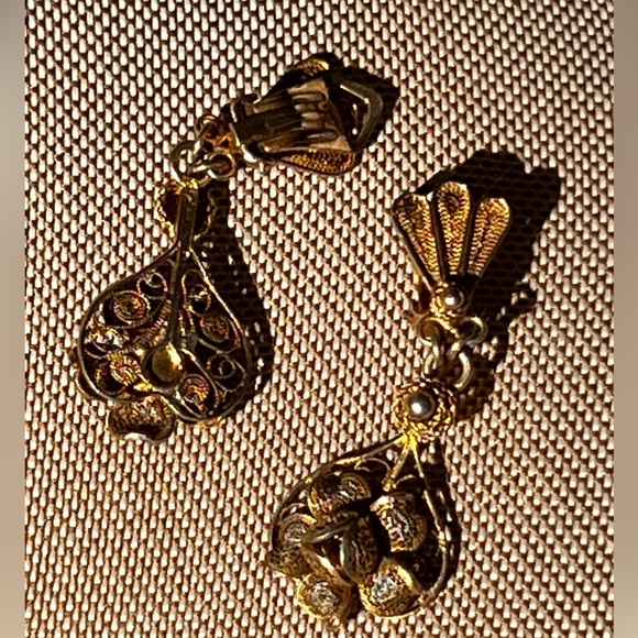 Victorian Etruscan filagree art nouveau Revival gold silver signed 925 Earrings - Picture 2 of 12